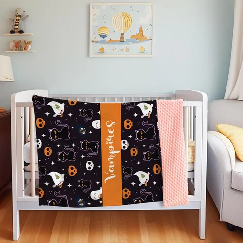 Miniatura 2 de Manta de bebé personalizada de Halloween, manta con nombre personalizado para niños pequeños, franela suave con respaldo de puntos de doble capa