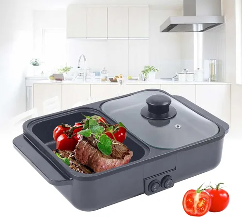 Miniatura 7 de CNCEST 2 en 1 portátil eléctrica olla caliente barbacoa parrilla antiadherente Teppanyaki Pan 110V Hotpot interior Grill Korean BBQ Combo (negro)