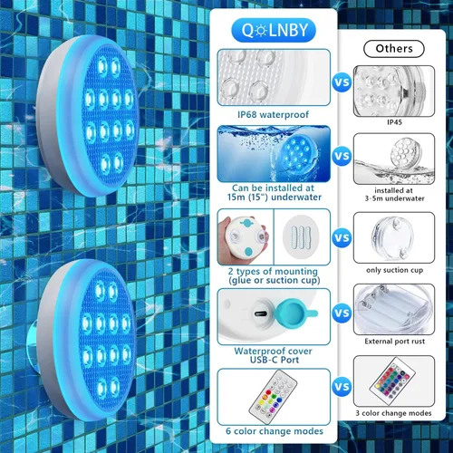 Miniatura 5 de QOLNBY - Luces de piscina recargables, luces LED sumergibles con control remoto, luces subacuáticas impermeables IP68, luz flotante que cambia de 16