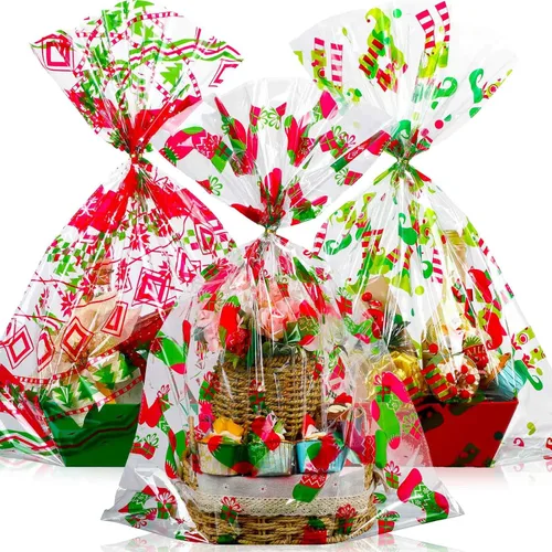 Cholemy 30 Piezas Bolsas Grandes de Celofán para Canastas de Regalos de Navidad 19.7" x 27.6" Bolsas Jumbo Transparentes Rojas Verdes de Plástico