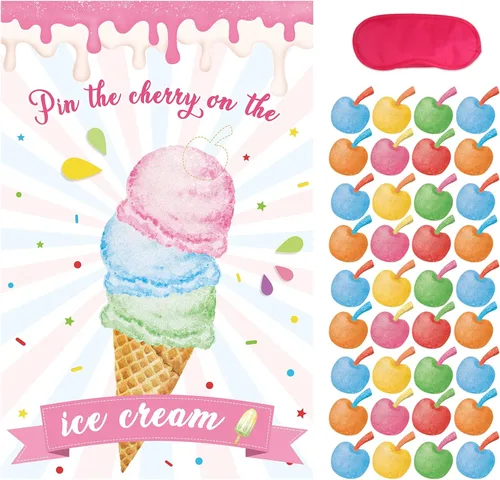 Hxezoc Pin The Cherry On The Ice Cream Game con 36 calcomanías de cerezas, póster grande de juegos de fiesta de helado para niños, fiesta de
