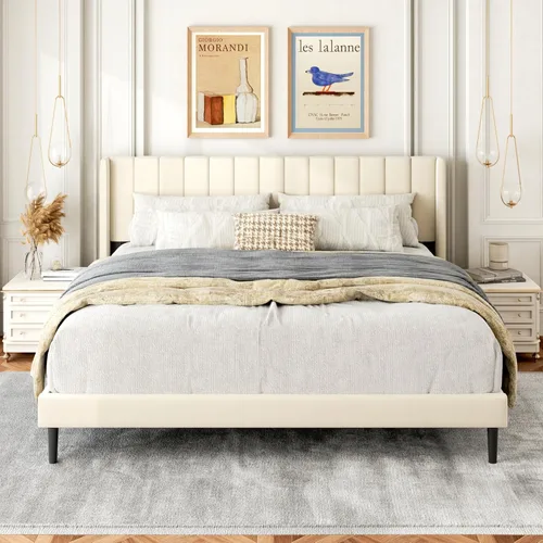 Miniatura 17 de Gruwans Estructuras de Cama Individual con Cabecera Wingback, Camas de Plataforma Tapizadas, No Necesita Somier, Soporte Resistente de Listones