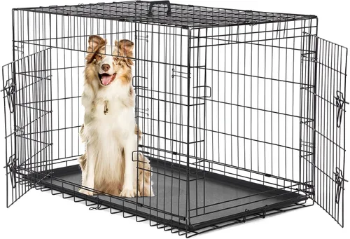 Miniatura 14 de Sweetcrispy Jaula para perros de 48 pulgadas, jaulas medianas y grandes de doble puerta plegable de alambre de metal con bandeja de plástico a