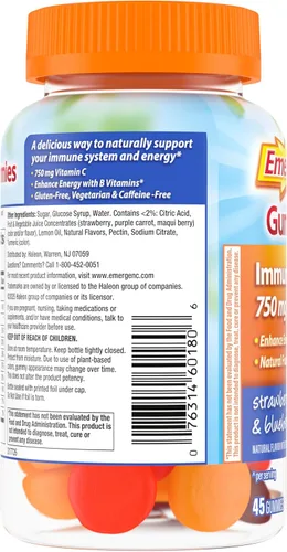 Miniatura 9 de Emergen-C Gomitas de vitamina C de 750 mg para adultos, gomitas de apoyo inmunológico, sin gluten, sabores de fresa, limón y arándanos, 45