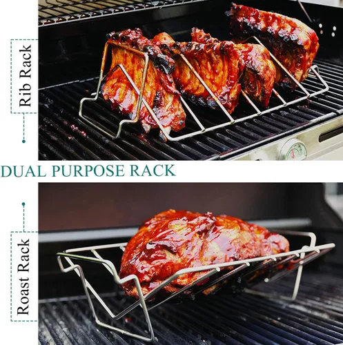 Miniatura 3 de Estante para asar pavo en forma de V, estante de costillas de acero inoxidable para ahumar y asar a la parrilla, estante de pavo de doble