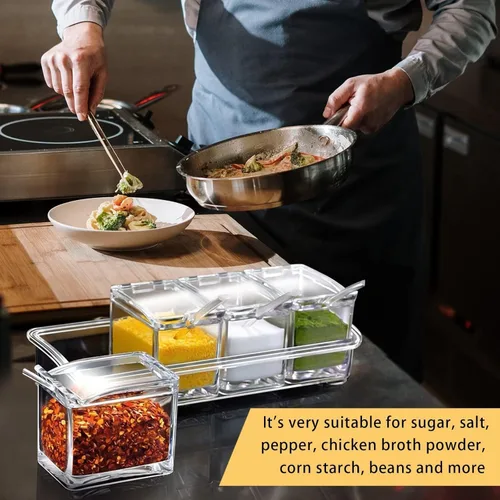 Miniatura 6 de Caja de condimentos transparente, 4 piezas de recipientes para especias con tapa y cuchara, recipientes de acrílico para condimentos con tapa