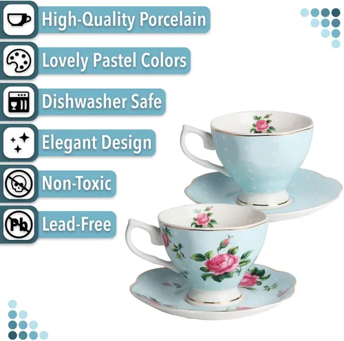 Miniatura 4 de BTaT- Juego de 2 tazas de té y platillos florales, 8 onzas, juego de tazas de té de porcelana fina con ribete dorado para té de la tarde, bodas, Azul