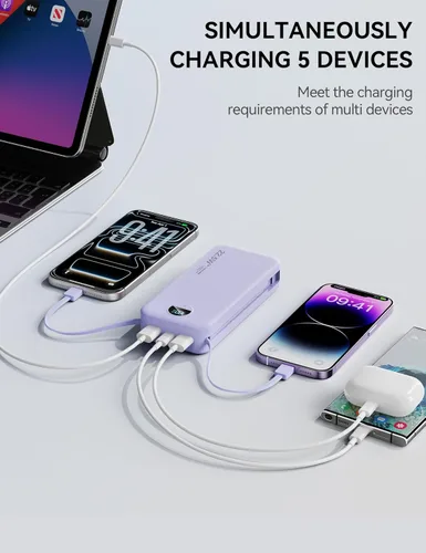 Miniatura 6 de Cargador portátil, 20000 mAh 22.5 W, cargador de energía de carga rápida con cables integrados y enchufe de pared, batería externa USB C con Púrpura
