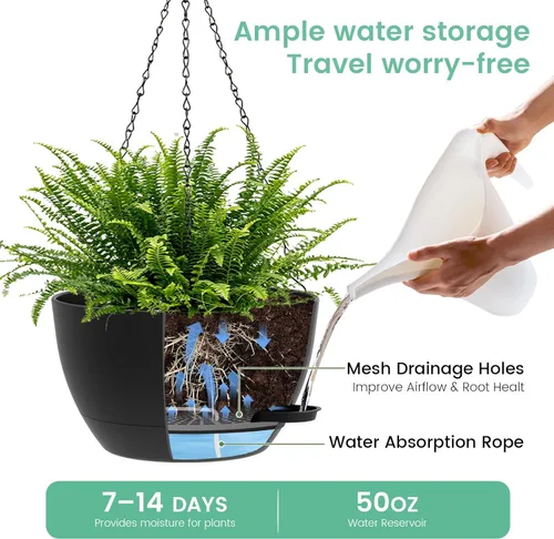 Miniatura 3 de UOUZ Paquete de 2 macetas colgantes grandes de 13 pulgadas con riego automático para plantas de interior y exterior, macetas colgantes con depósito
