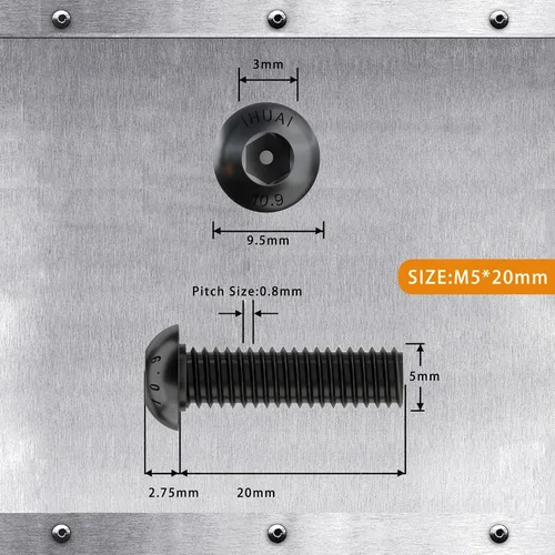 Miniatura 2 de Tornillos de cabeza de botón M5-0.031 x 0.787 in, acero de aleación de grado 10.9, acabado de óxido negro, rosca de máquina, unidad de enchufe