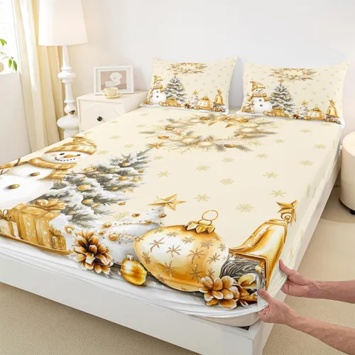 Miniatura 6 de Erosebridal Juego de ropa de cama individual con diseño de árbol de Navidad, muñeco de nieve, decoración de corona de Navidad, sábana bajera