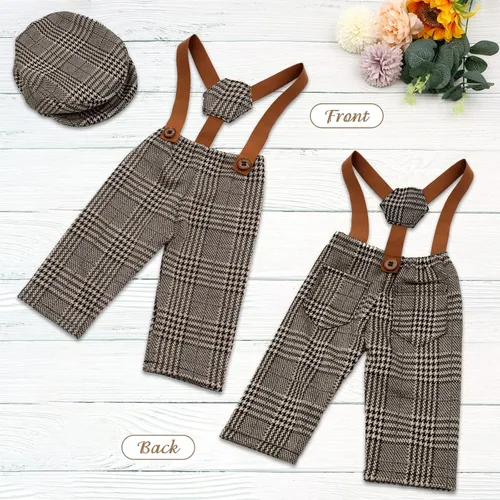 Miniatura 7 de 4 piezas de accesorios para fotos de bebé recién nacido, pantalones de celosía, pantalones con tirantes con boina, gafas de pajarita para disfraces