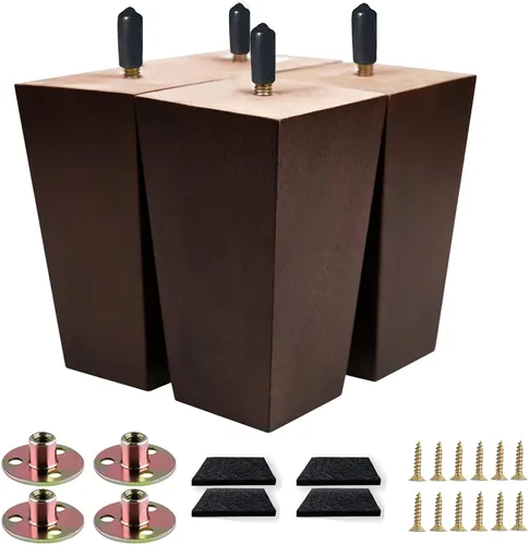 Miniatura 8 de Juego de 4 patas de sofá cuadradas para cama, patas de repuesto de madera de 2 pulgadas para muebles, color marrón oscuro