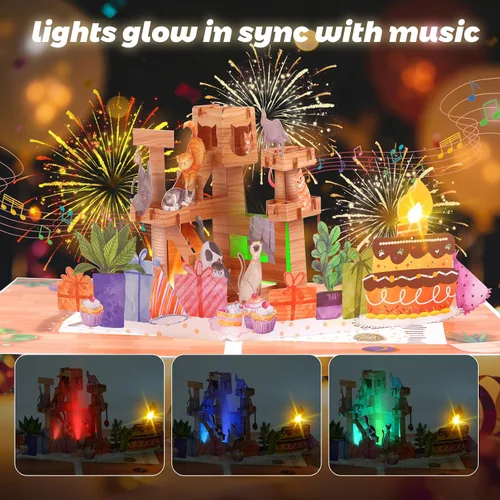 Miniatura 2 de Tarjeta de cumpleaños de gato desplegable 3D con canción de miau, velas sopladas y luces coloridas, bonito regalo sorpresa para niños, niñas, hijo