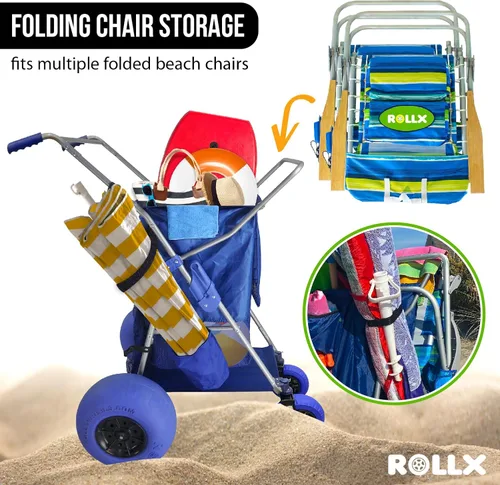 Miniatura 4 de RollX Carro de almacenamiento plegable con 4 ruedas de globo, neumáticos de playa traseros de 13 pulgadas y delanteros de 7 pulgadas