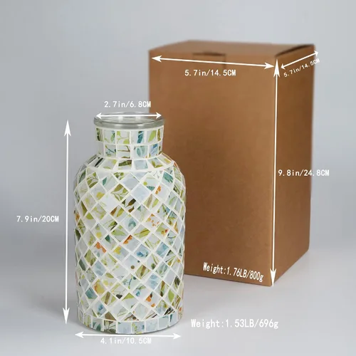 Miniatura 9 de Jarrón verde de vidrio de mosaico hecho a mano, florero floral de vidrio templado de 7.9 pulgadas con arte de azulejos diagonales de 45°, florero