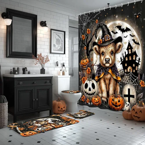 Miniatura 3 de Juego de decoración de baño de 4 piezas, cortina de ducha de ternera de bruja gótica de 72 x 72 pulgadas, tapete de baño antideslizante para tapa