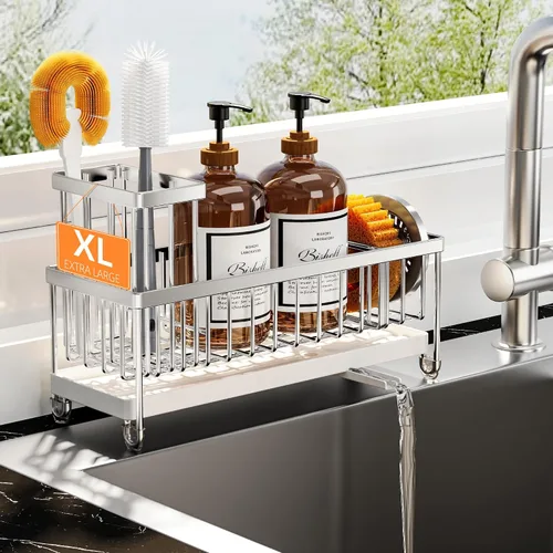 Miniatura 14 de Cisily Soporte de esponja negro extra grande para fregadero de cocina, organizador de fregadero con soporte alto para cepillos, organizadores