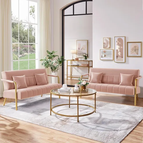 Miniatura 2 de Yaheetech Sofá moderno de 56.5 pulgadas de ancho, sofá pequeño de tela de terciopelo de lujo con brazos y patas de metal dorado para sala de estar