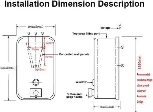 Miniatura 5 de Dispensador de jabón montado en la pared para baño, dispensador de líquido comercial de pared de acero inoxidable dispensador de desinfectante