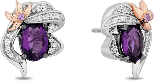 Jewelili Enchanted Disney Fine Jewelry - Aretes tipo dormilona de plata de ley y oro rosa de 10 quilates con diamante blanco de 110 CTTW y amatista