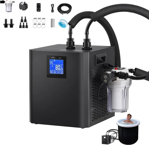 Enfriador de agua para baño de hielo, enfriador de agua de 1/3 HP para bañeras frías, con bomba, filtro externo y medios de filtro, control remoto,