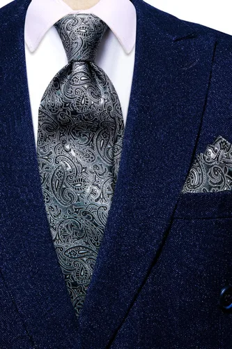 Miniatura 7 de Hi-Tie Corbatas de seda para hombre, diseño de cachemira a rayas, con bolsillo, gemelos cuadrados, conjunto formal de negocios