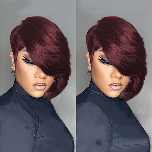 Miniatura 10 de PangDongLai Pelucas de cabello humano con corte Pixie para mujeres negras, pelucas de corte Pixie en capas con flequillo, sin pegamento, cabello