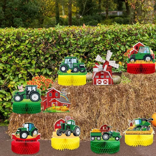 Miniatura 7 de 9 piezas de centro de mesa de nido de abeja de tractor, decoración de fiesta de cumpleaños con temática de tractor verde de granja, decoración