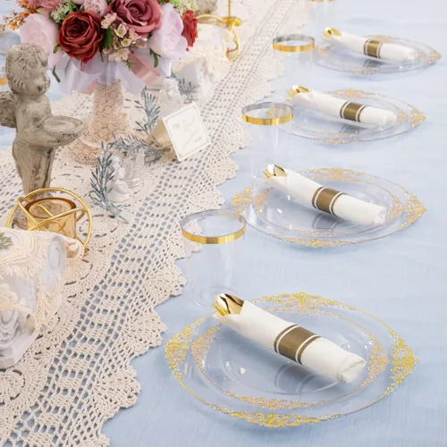 Miniatura 4 de Hioasis 350 platos de plástico transparente y dorado, elegante juego de vajilla desechable adecuado para 50 invitados, incluye platos de cena