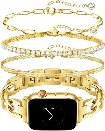 Miniatura 10 de JR.DM Correas de oro para reloj para mujer compatibles con Apple Watch de 46 mm, 42 mm (S3/2/1) 44 mm, 45 mm, 49 mm, pulsera ajustable de cadena Oro