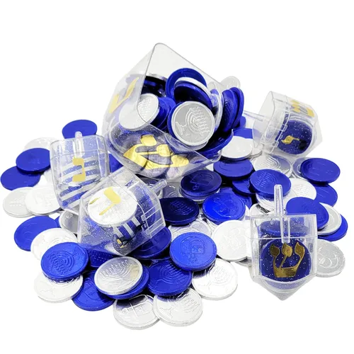 Miniatura 3 de The Dreidel Company 2 paquetes de Dreidel rellenos con monedas de Hanukkah Gelt azules y plateadas, 10 monedas de Hanukkah Gelt por Dreidel, total