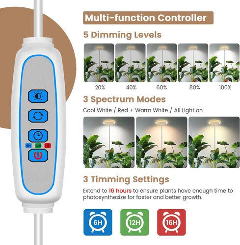 Miniatura 5 de Kullsinss Luces de Cultivo para Plantas de Interior, Luz de Crecimiento de Espectro Completo con Temporizador de 6/12/16H, 3 Modos de Color, 5 Grano