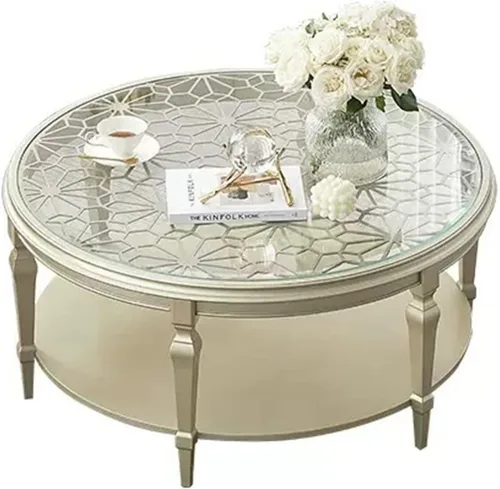 Mesa de té para sala de estar, mesa de centro redonda de madera moderna con tallado calado y parte superior de cristal, 31.4/39.3 pulgadas, elegante