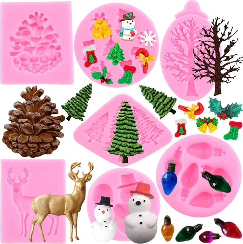 ZiXiang Moldes de fondant de Navidad, copo de nieve, muñeco de nieve, piña, reno, bombilla, hojas de acebo, caramelo, chocolate, moldes de silicona