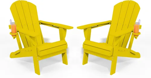 Miniatura 29 de Silla plegable Adirondack con portavasos, juego de 2, sillas de plástico HDPE para exteriores, resistentes a la intemperie, aspecto de madera real