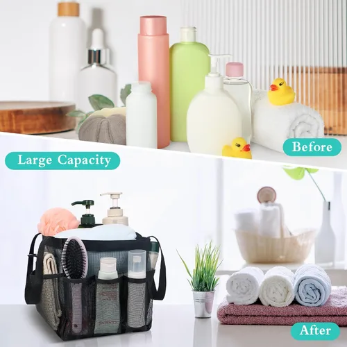 Miniatura 6 de Attmu Organizador de ducha de malla portátil, de secado rápido, bolsa de ducha colgante para dormitorio universitario, artículos esenciales de gran