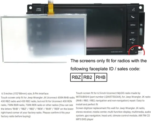 Miniatura 4 de YuYue Electronic Digitalizador de pantalla táctil de navegación para radio Chrysler/Dodge/Jeep de 6.5 pulgadas, pantalla LCD, sistema de audio