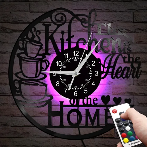 Reloj de pared de disco de vinilo de cocina de 12 pulgadas, 7 tipos de color LED, reloj de pared con temática de corazón de cocina, reloj de pared