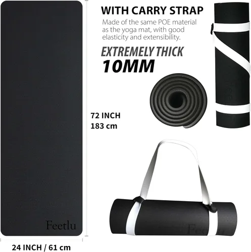 Miniatura 2 de Tapete de yoga para ejercicios extra grueso con correa - 2/5 pulgadas (10 mm), tapete antideslizante para entrenamiento de yoga, pilates y Negro