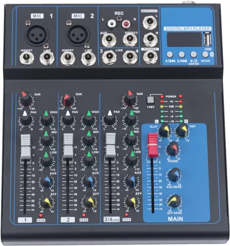 Consola de mezcla profesional de 4 canales, mezclador de audio, tablero de sonido, Bluetooth, USB, mezclador de estudio en vivo con unidad USB para
