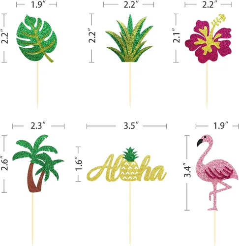 Miniatura 2 de 24 adornos tropicales para cupcakes, decoración para tartas de Luau, selecciones de cupcakes Aloha, piña, flamenco, decoración para cupcakes