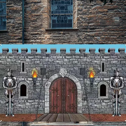 Miniatura 4 de Decoraciones medievales para fiestas, telón de fondo de pared de piedra con armadura de caballero, grande de 73 x 43 pulgadas, poliéster