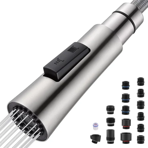J-HVA Repuesto de cabezal de grifo de cocina de metal, cabezal rociador desplegable con 15 adaptadores, 2 modos de repuesto de cabezal de rociador