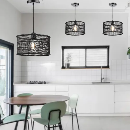 Miniatura 5 de HOONEX Lámpara de araña de ratán, techo de ratán, lámpara colgante de mimbre de 12.4 pulgadas para comedor, dormitorio, isla de cocina, color negro
