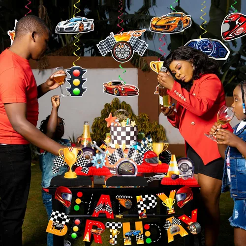 Miniatura 6 de LARRAZABAL Decoraciones de fiesta de cumpleaños de coche de carreras, decoraciones de fiesta de coche de carreras incluyen pancarta de coche