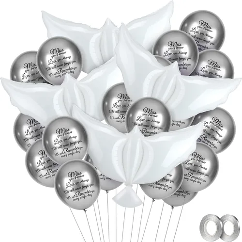 Miniatura 8 de Skylety 36 globos conmemorativos con 4 globos de paloma de la paz para liberar en recuerdo del cielo, decoraciones de helio para funerales, Negro