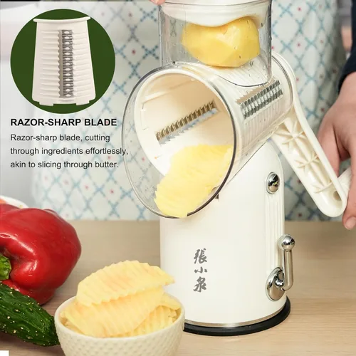 Miniatura 7 de Rallador giratorio de queso, manivela de mano con cuchillas intercambiables 5 en 1 y base de succión fuerte, trituradora de verduras, rebanadora