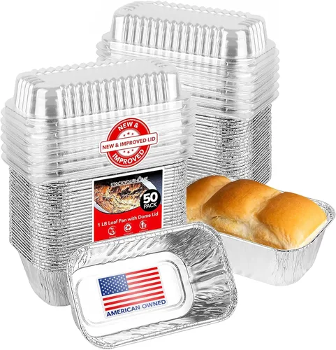 Stock Your Home - Minimoldes desechables de aluminio con tapas, 450 g (paquete de 50 unidades) Nuevos y mejorados moldes de papel de aluminio con