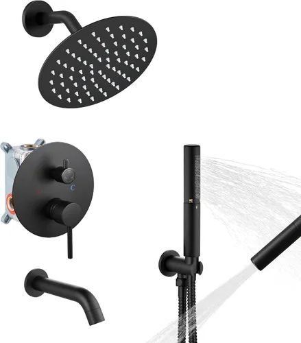 Miniatura 16 de Airuida Sistema de ducha con boquilla de bañera, cabezal de ducha redondo de 10 pulgadas con 2 funciones, ducha de mano, montaje en pared, juego